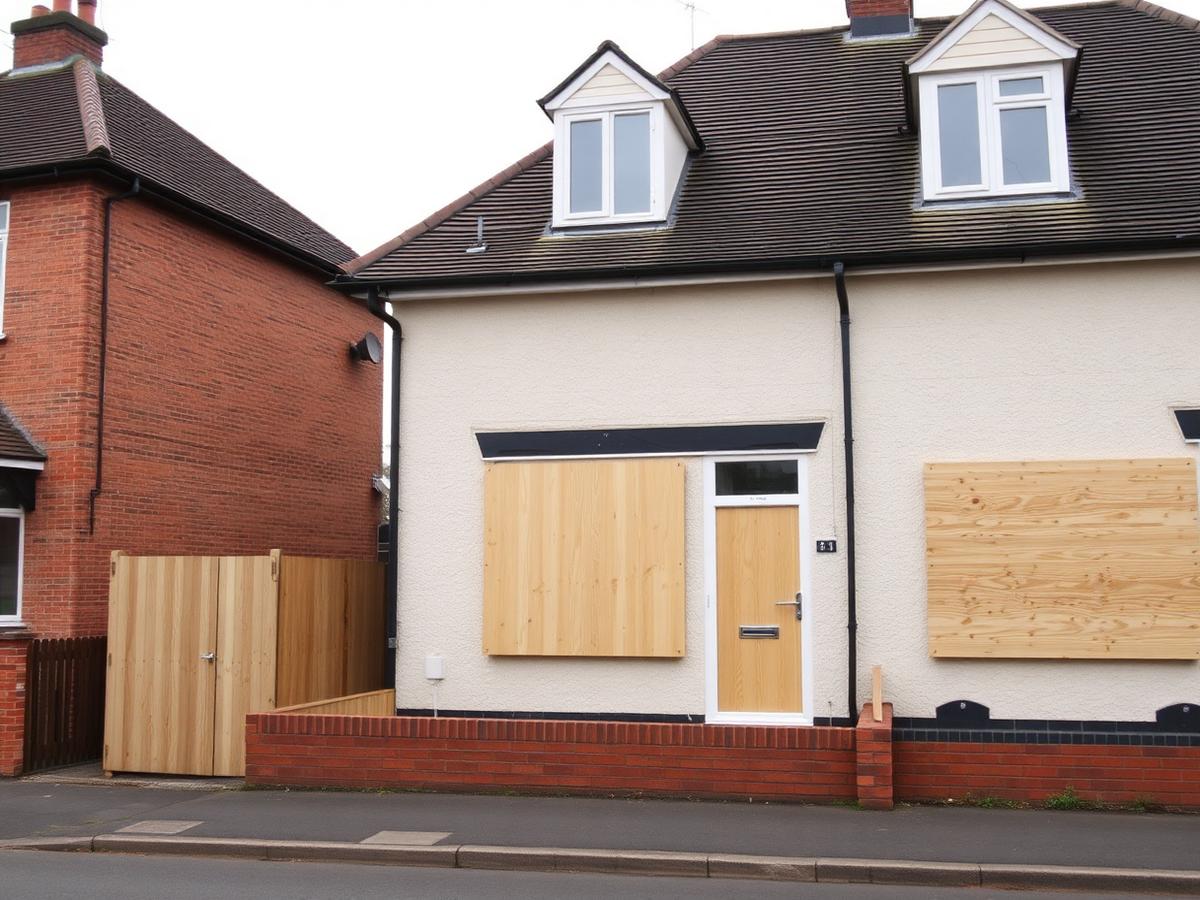 A common British house with sturdy wooden boards fitted over the windows and door